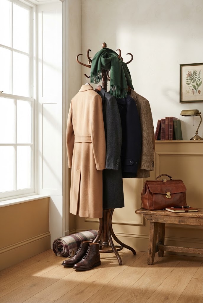 Classic wool coats in neutral tones — timeless outerwear for a winter academia wardrobe.
