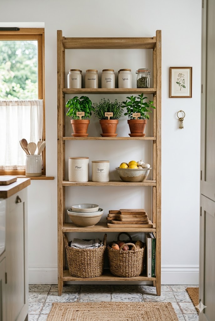 wooden open shelf in kitchen
