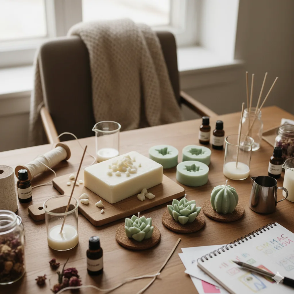 DIY Succulent Candles
A wooden table with various supplies for making candles, including a large block of wax, cactus-shaped candles, molds, wicks, and essential oils.