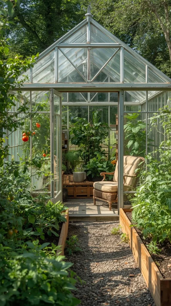 A cozy greenhouse interior with lush plants, including tomato vines, and a wicker chair. The door is open, revealing a path flanked by raised garden beds.