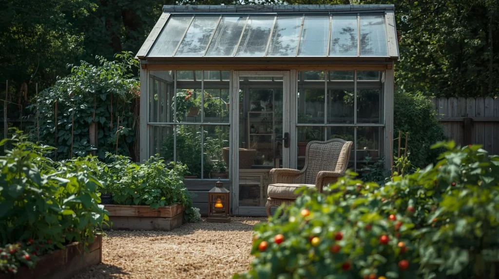 A small glass greenhouse with a wicker chair inside, surrounded by a garden with tomato plants.
