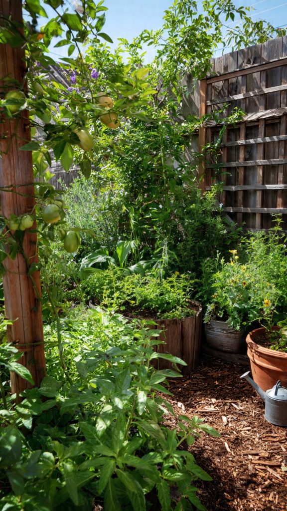 small space Low-maintenance food forest with fruit trees and herbs