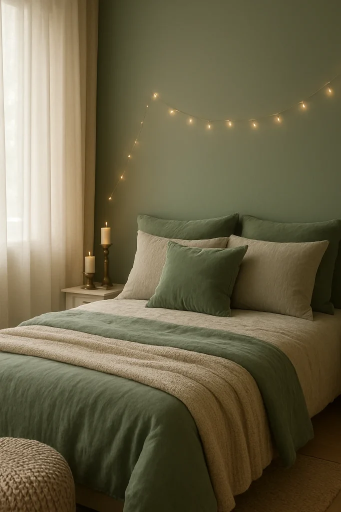 Sage Green Bedroom with a bed made with olive green and beige linen bedding, a beige throw blanket, and two candles on a nightstand. The walls are a muted green color, and string lights are visible above the bed.