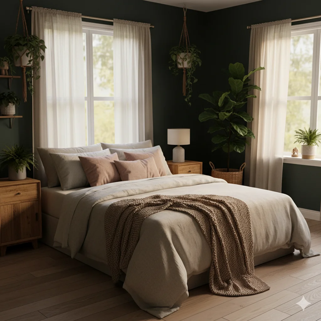 Dark Green, Muted Pinks & Warm Neutrals Bedroom