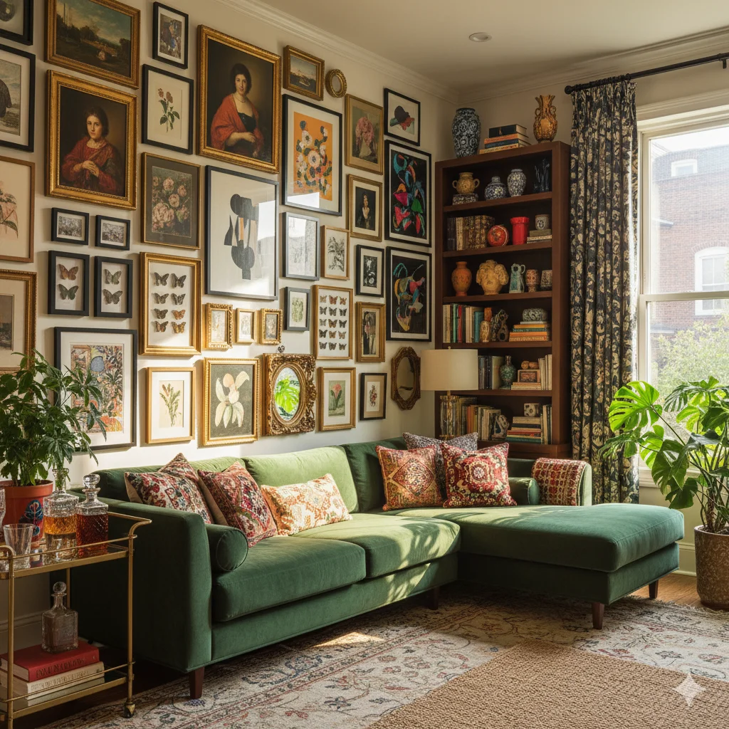An eclectic living room featuring a green sectional sofa, a large gallery wall of framed paintings, and a bookshelf