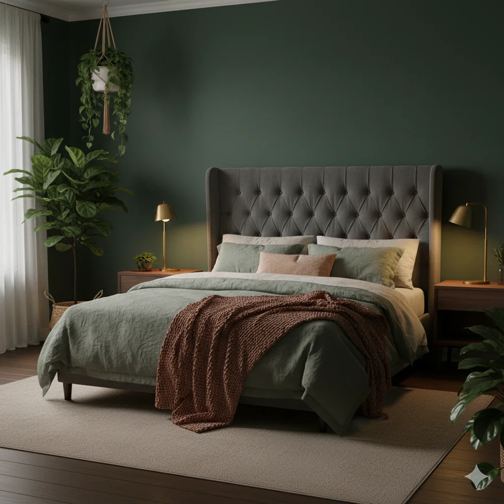 Deep Muted Green with Blue-Grey and Rust Accents Bedroom