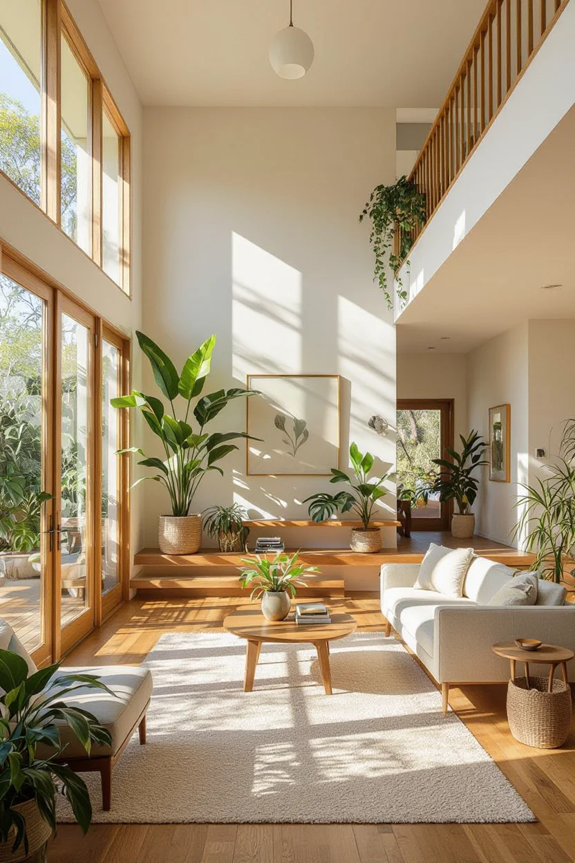 How to Recreate a Light-Filled Natural Home Décor Style A bright and airy living room with large windows, a high ceiling, wooden floors, and several potted plants.