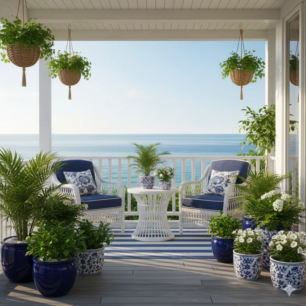 A coastal-style porch or balcony with white wicker furniture and many potted plants overlooking the ocean.