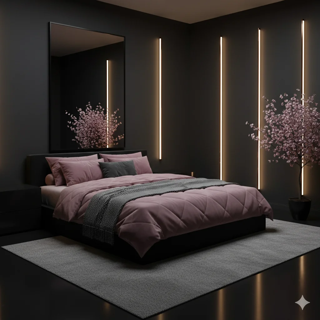 Black with Muted Pink and Dark Neutrals Moody Feminine Bedroom