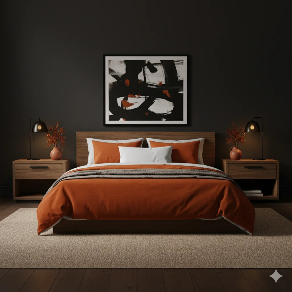 Black, Burnt Orange and Warm Woods Moody Bedroom