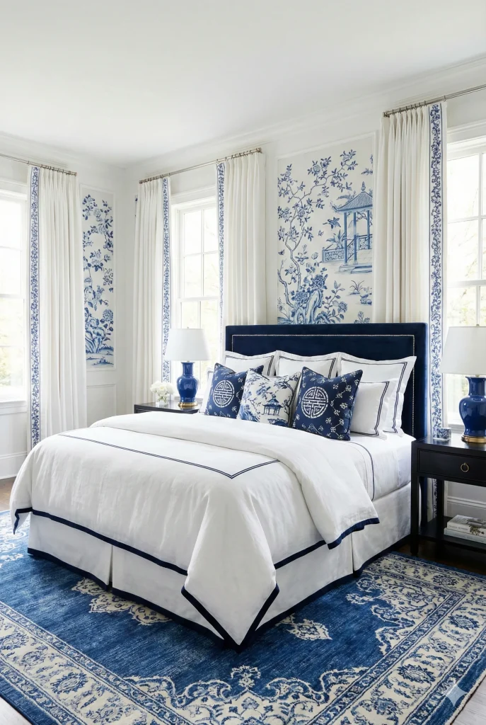 A bedroom decorated with blue and white Chinoiserie wallpaper, white curtains with blue trim, and a bed with blue and white bedding.