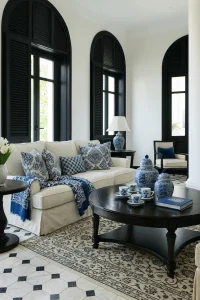 A coastal-style living room featuring a white sofa with blue and white accents, a dark coffee table, and arched windows with black shutters.