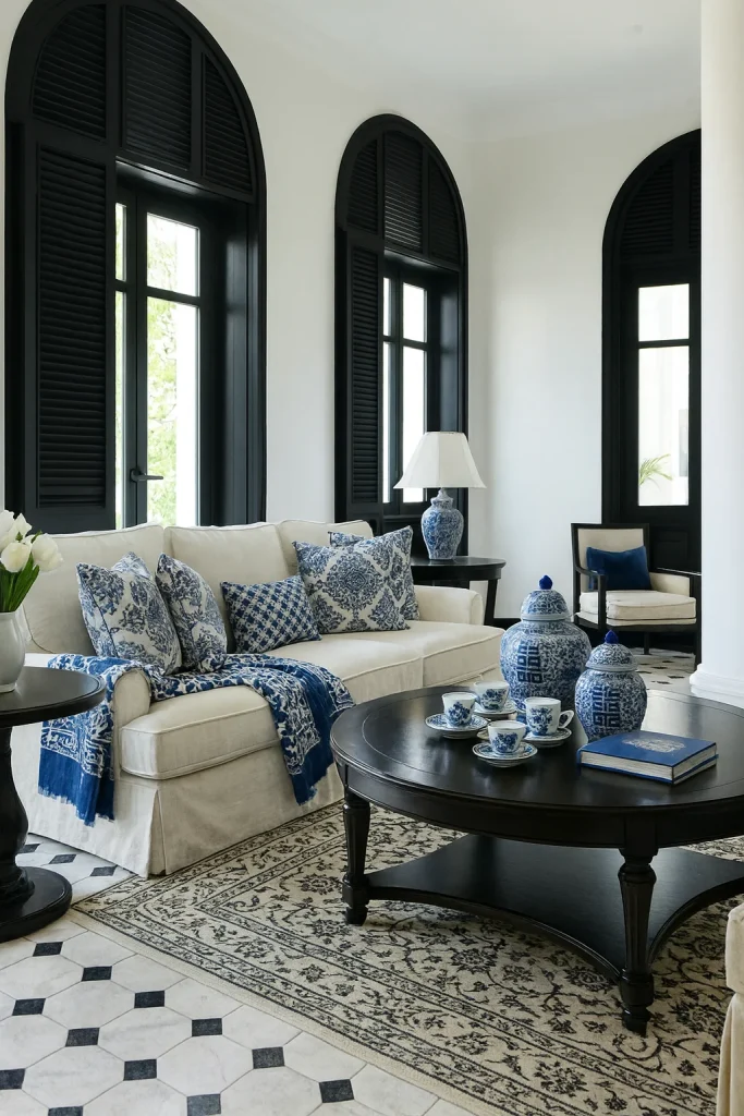 A coastal-style living room withBlue and White Interior