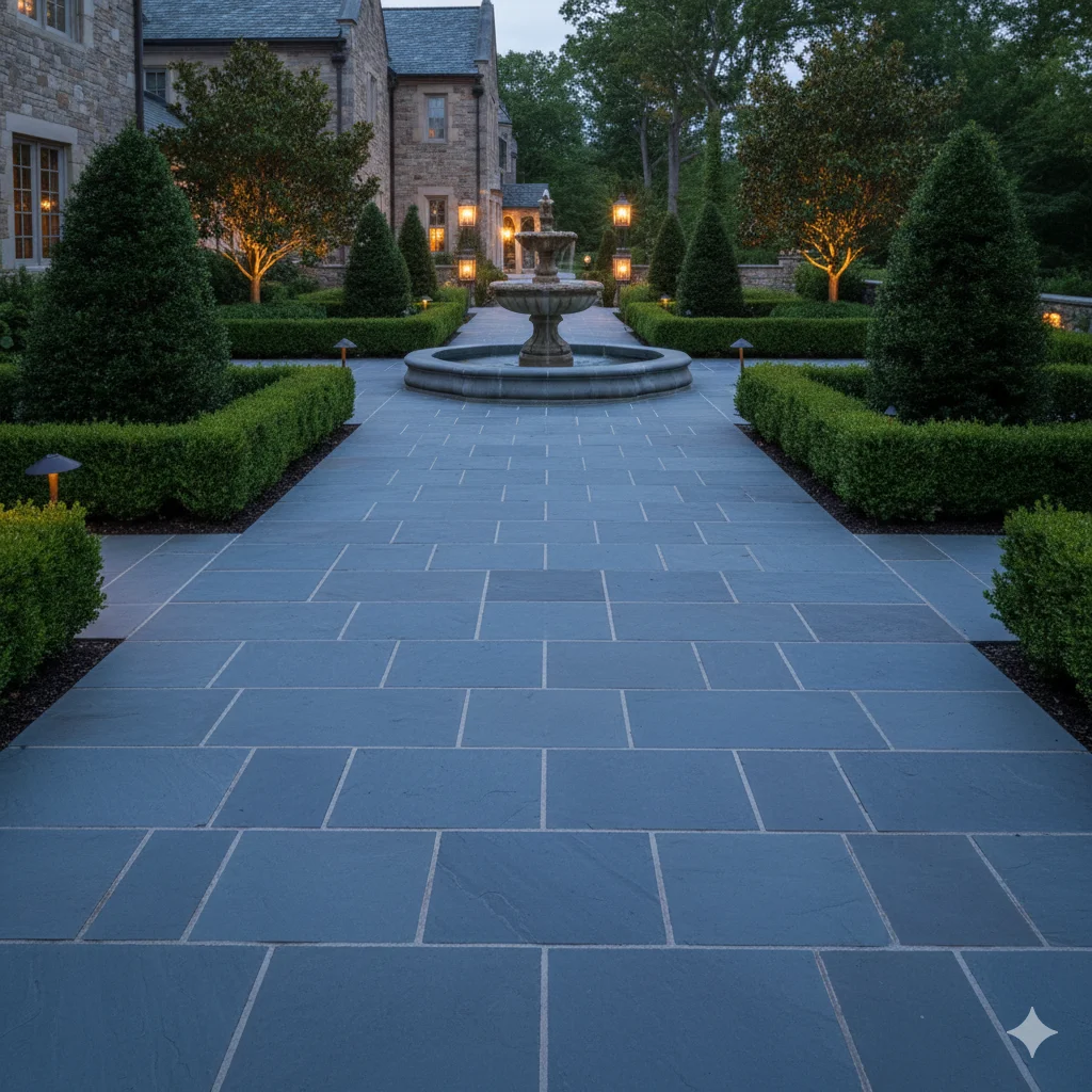 Formal garden walkway and patio with dense blue-gray bluestone, symmetrical layout, neatly trimmed greenery, classic and elegant style, soft ambient lighting