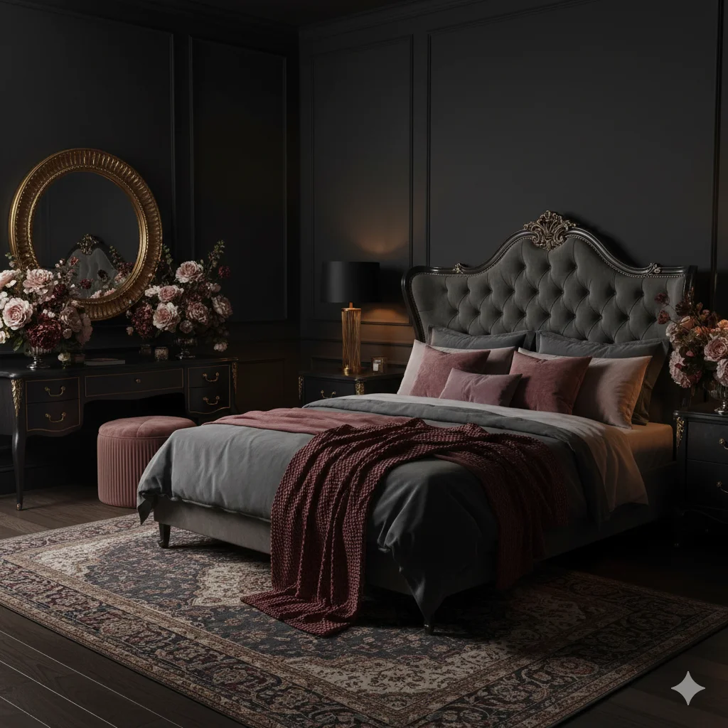 Deep Gray, Gold and Mauve Accents Luxurious Moody Bedroom