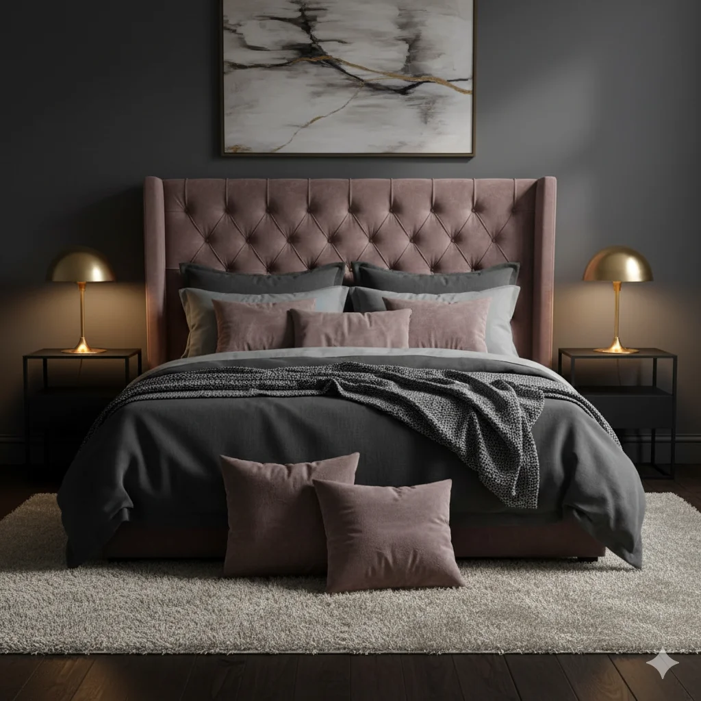 Deep Gray, Gold and Mauve Accents Moody Bedroom