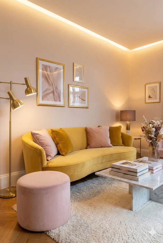 Yellow and Blush Pink living room with Soft, Chic & Feminine vibes