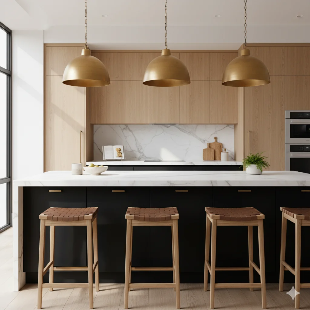 Kitchen Materials and Finishes: A modern kitchen featuring a large island with a dark base, a white countertop, and four bar stools with woven leather seats. Three brass pendant lights hang above the island, and the back wall has light wood cabinetry and a marble backsplash.
