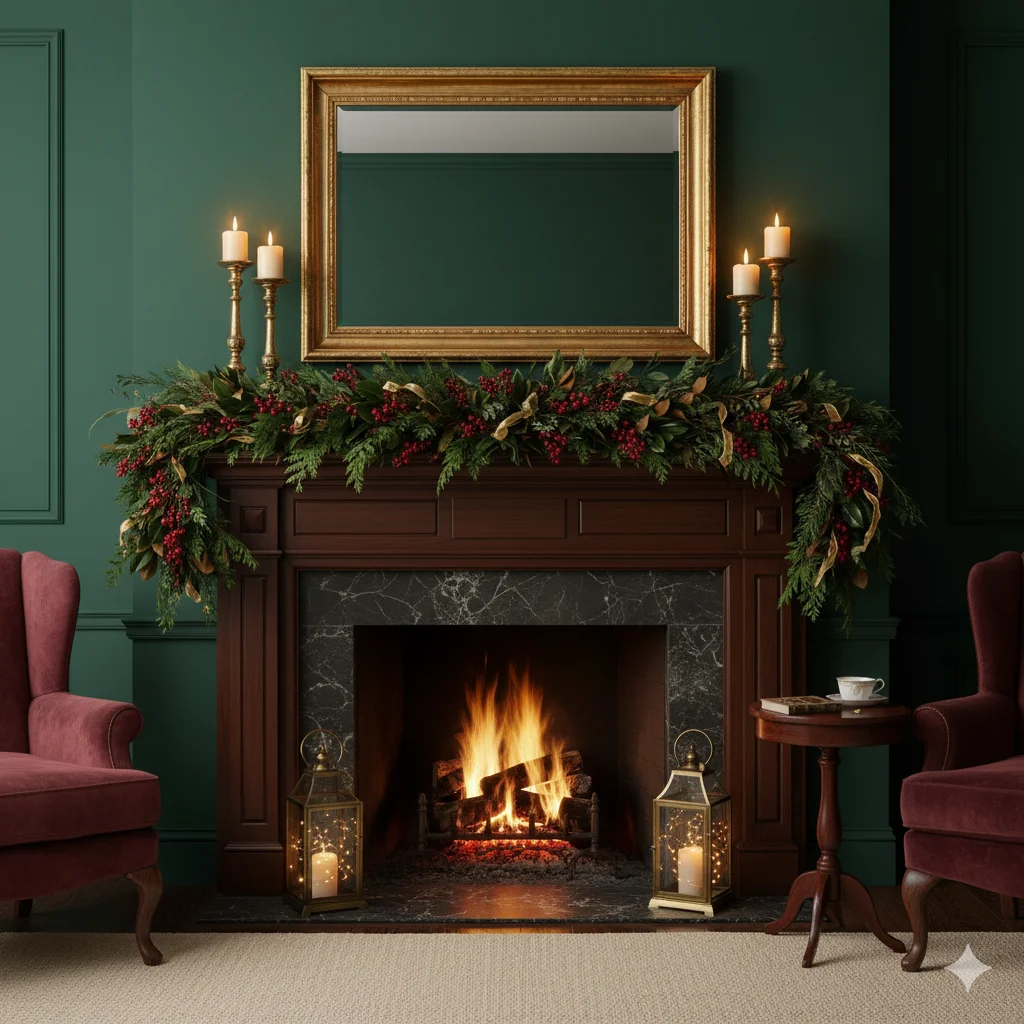 Winter Mantel Decor and Deep Green and Burgendy Color Palette with gold accent 