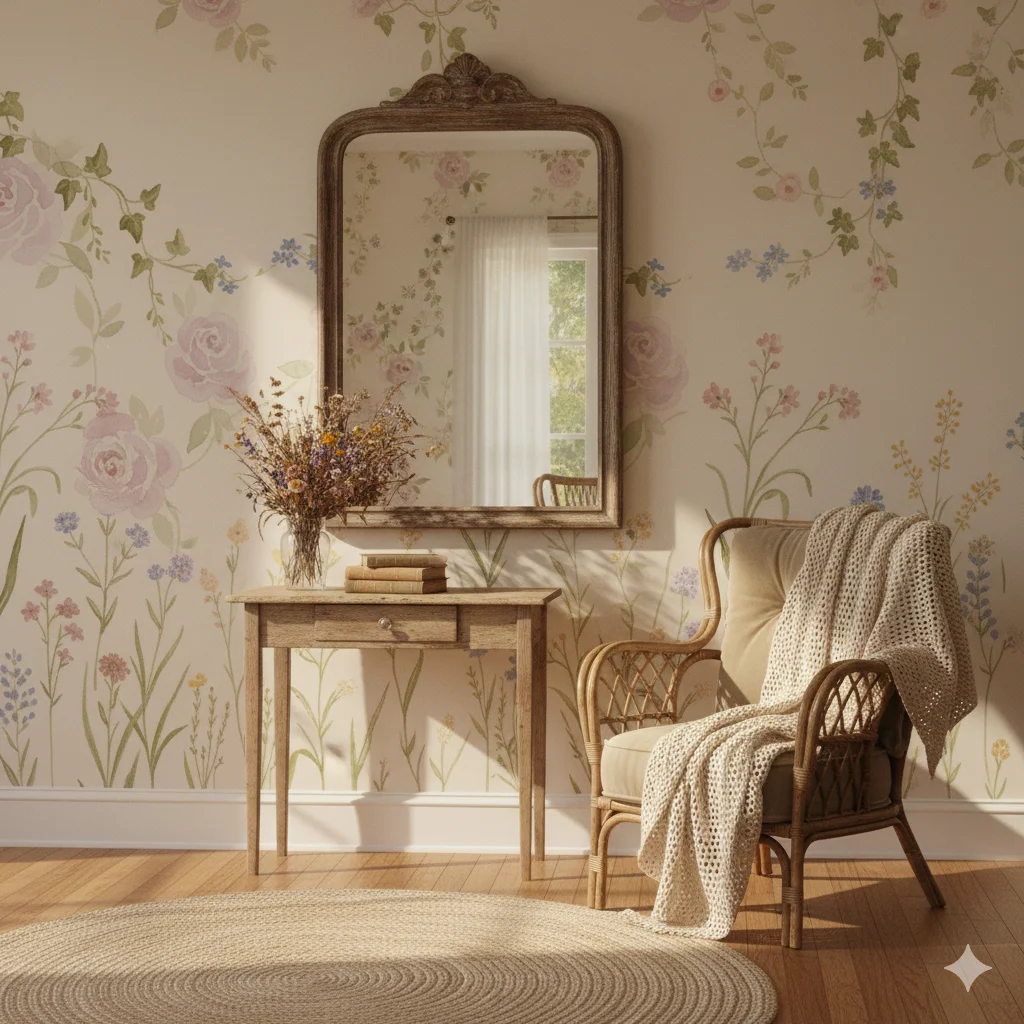 vintage-inspired cottagecore interior with botanical wall art