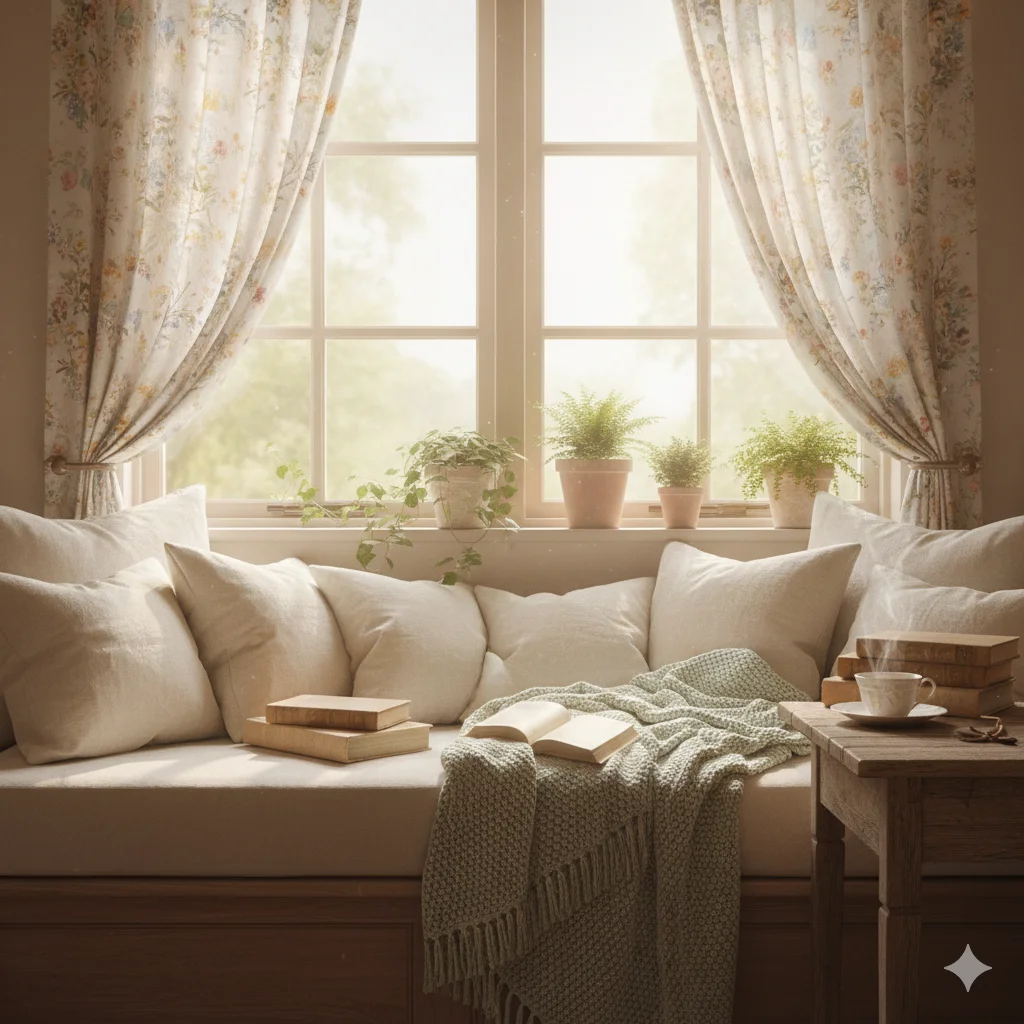 Spring decor Reading Nook with floral curtains and small indoor potted plants on window sill