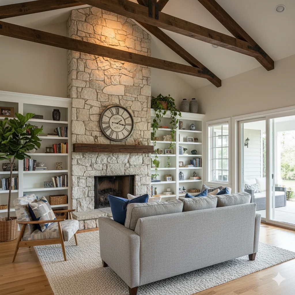 Cozy and stylish living space on a budget features statement stone fireplace with large wall clock, book shelves and full of natural light from glass door and window.