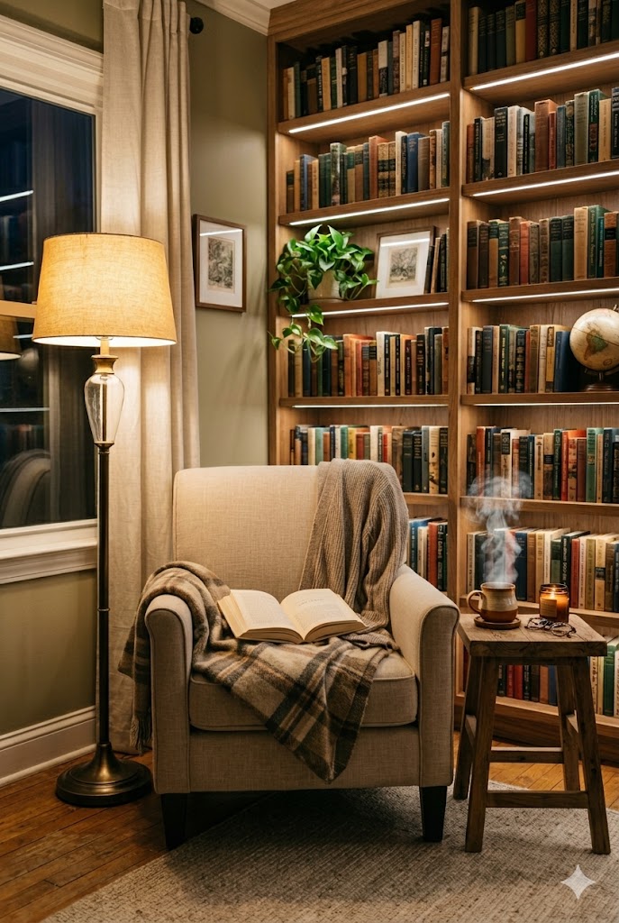 Reading chair with a warm floor lamp placed behind and to the side, creating ideal lighting for a cozy home library and comfortable reading experience.