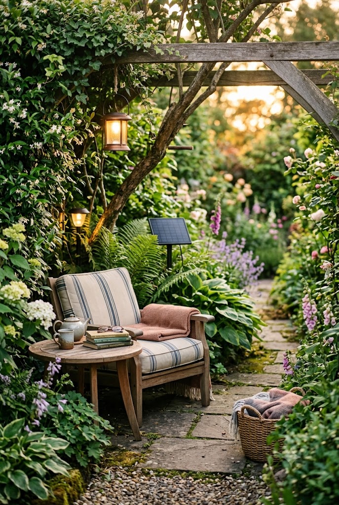 cozy reading nook in the garden powered by solar lamps, surrounded by greenery