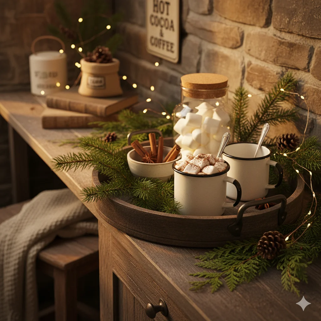 A cozy winter scene with mugs of hot cocoa, marshmallows, cinnamon sticks, and pine branches.