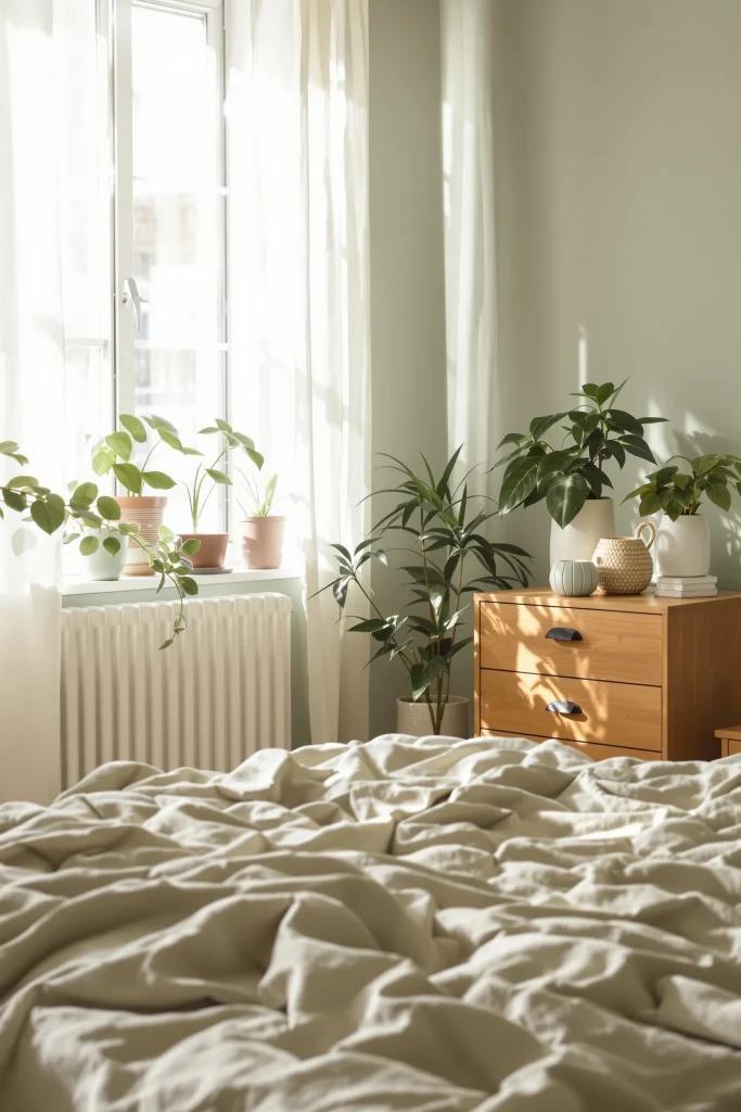 Sage Green Bedroom and potted greenery