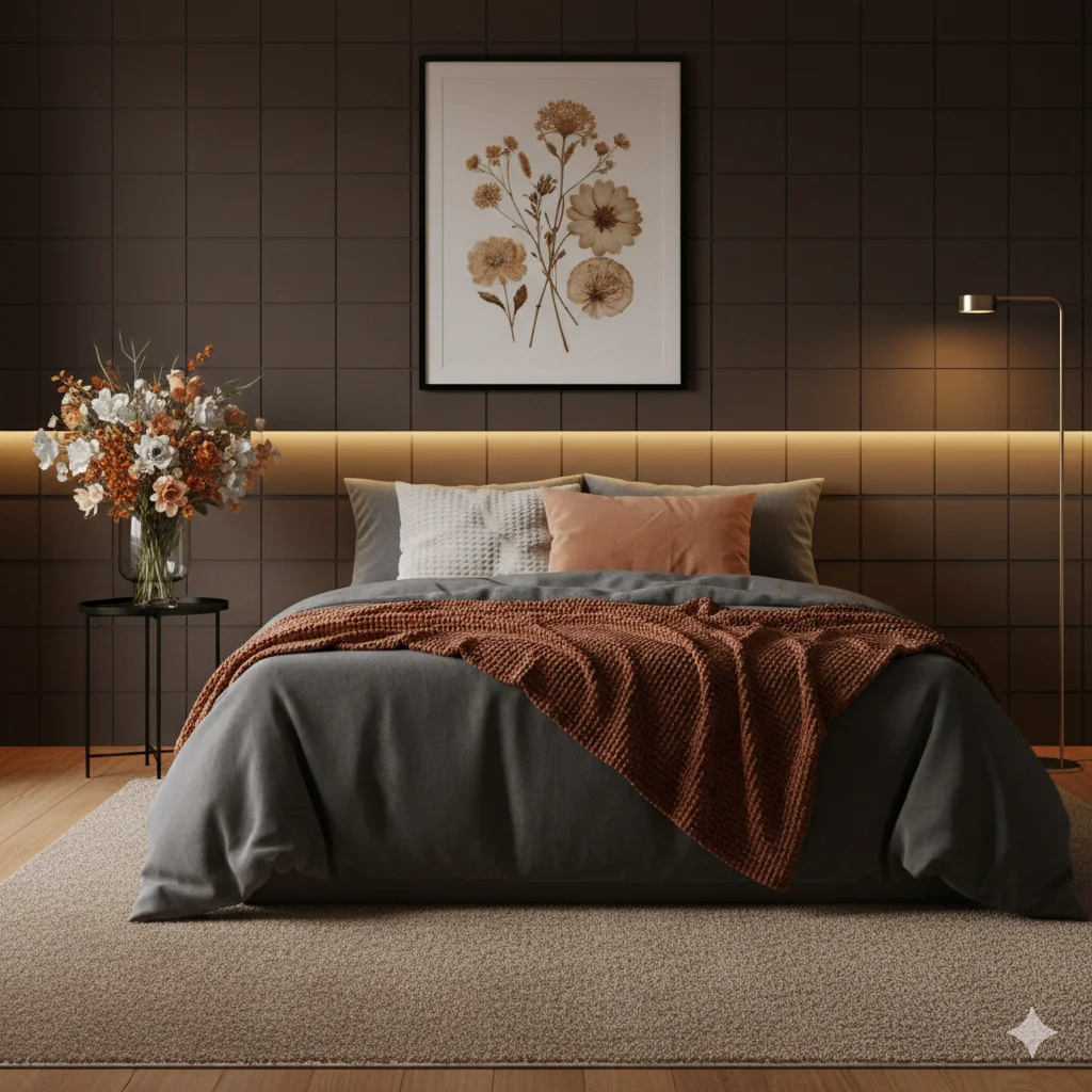 Dark Brown, Beige, Warm Gray and Terracotta Color Bedroom