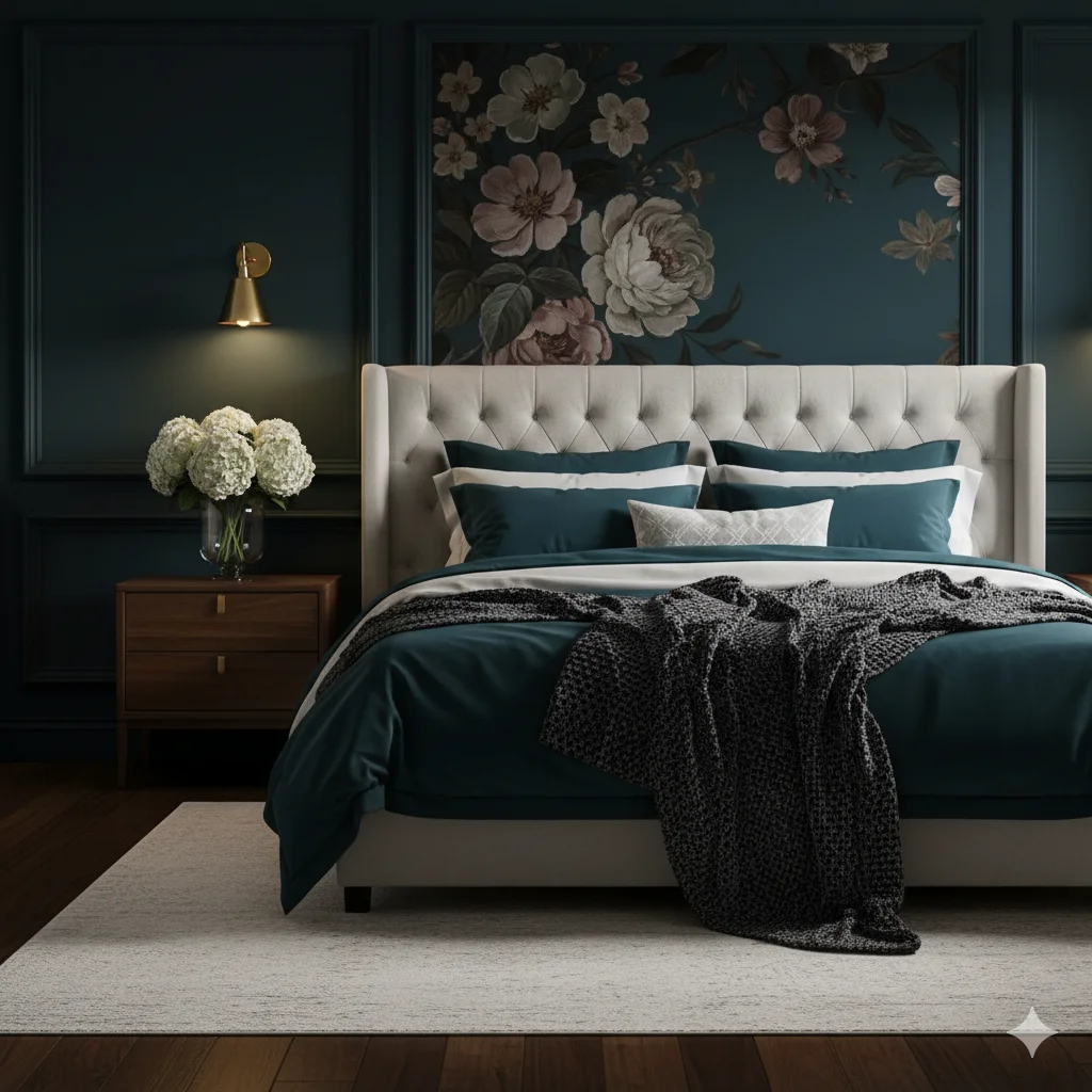 Dark Green, Muted Pinks and Warm Neutrals Bedroom