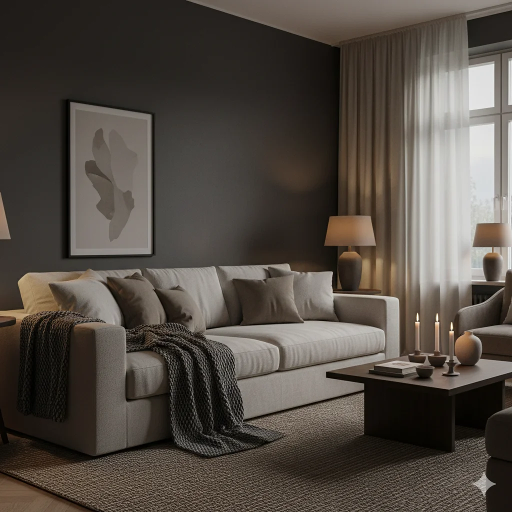 A cozy living room featuring a light-colored sofa, dark gray walls, and a coffee table with lit candles.