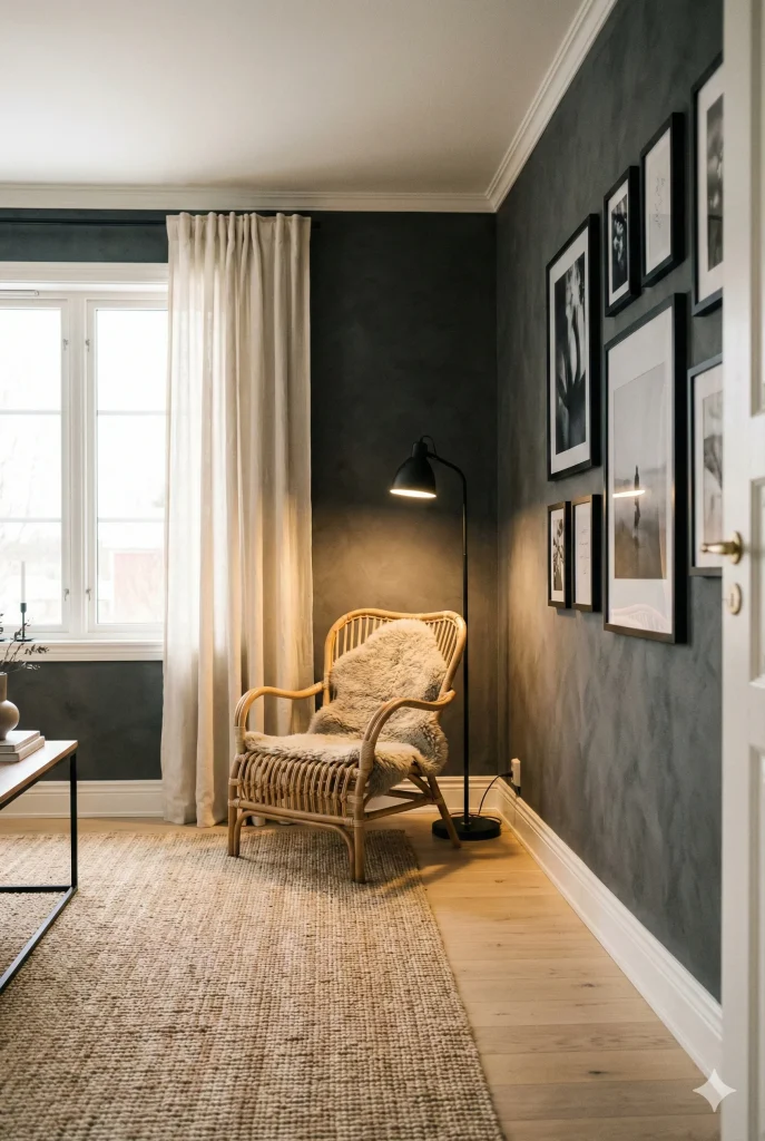 A cozy reading corner in a room with dark gray walls, featuring a rattan armchair with a fluffy throw, a black floor lamp, and a gallery wall of framed pictures.