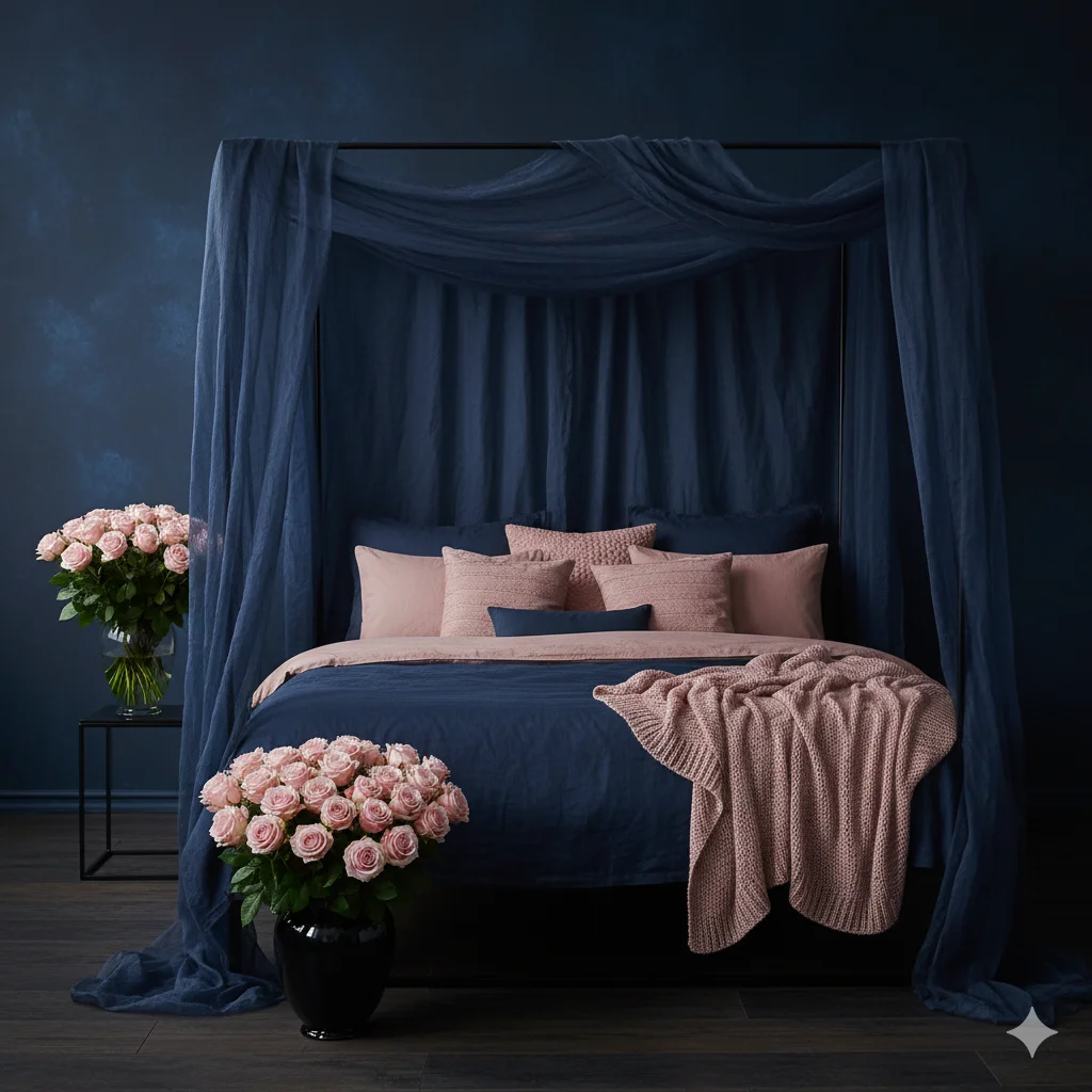 Deep Navy Blue, Soft Mauve and Black Accents Moody Bedroom