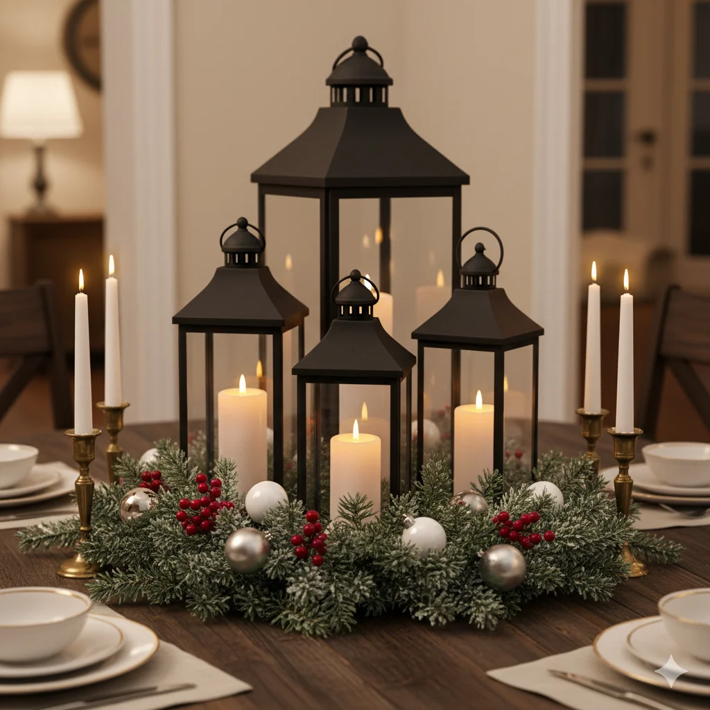 Winter Lantern Décor Ideas
Dining Table Centerpiece winter tablescape