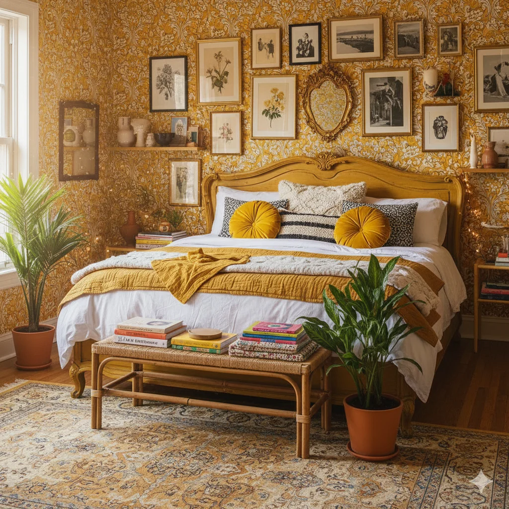 Yellow Aesthetic Room Ideas
A cozy maximalist vintage bedroom with yellow floral wallpaper, a yellow wooden bed, and a gallery wall.