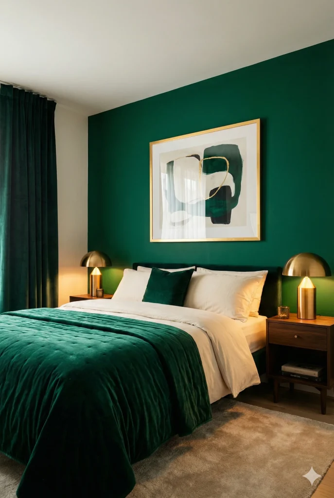 Bold and luxurious Emerald Green Bedroom Décor with statement wall art, metallic lamps.