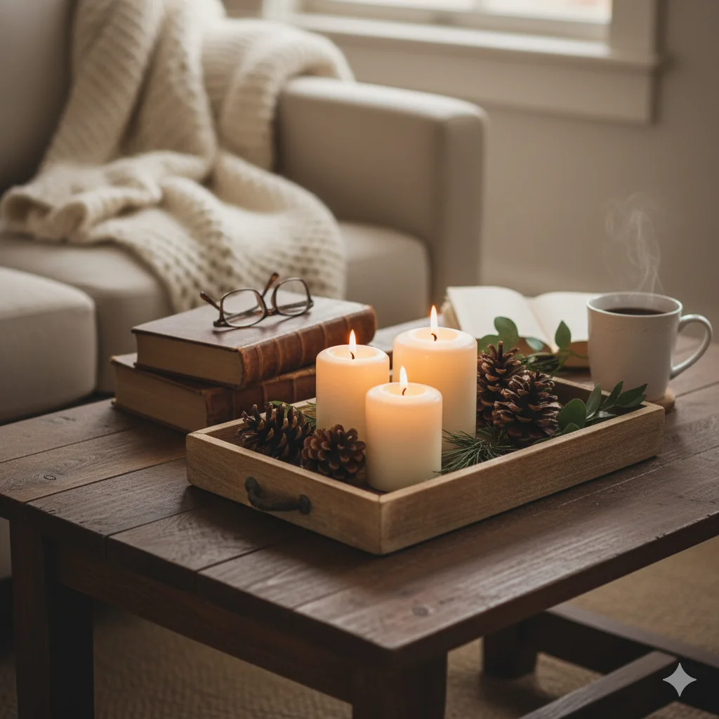 A cozy living room scene featuring a wooden coffee table with a tray holding lit pillar candles, pinecones, and foliage, next to stacked books, reading glasses, and a mug with a hot beverage.