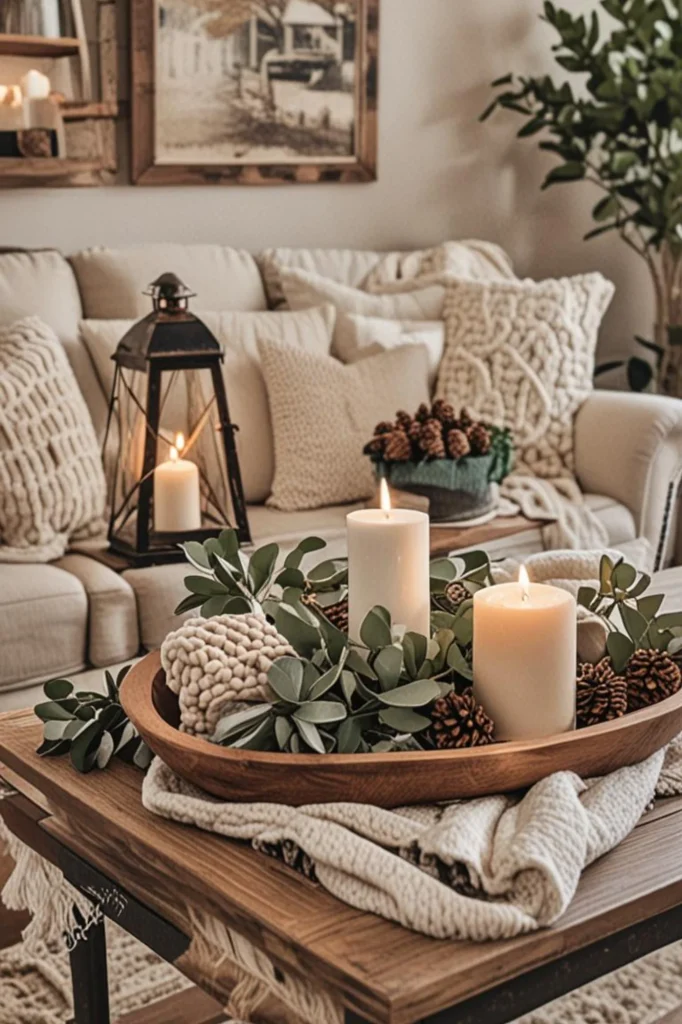 Cozy farmhouse winter decor with a wooden bowl centerpiece featuring candles, pinecones, and greenery.