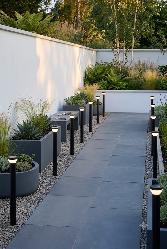 modern garden path lined with sleek solar stake lights, minimalist planters, and gravel edging.