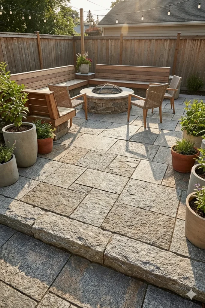 A cozy backyard patio with a Granite hardscaping , stone fire pit and built-in wooden seating.