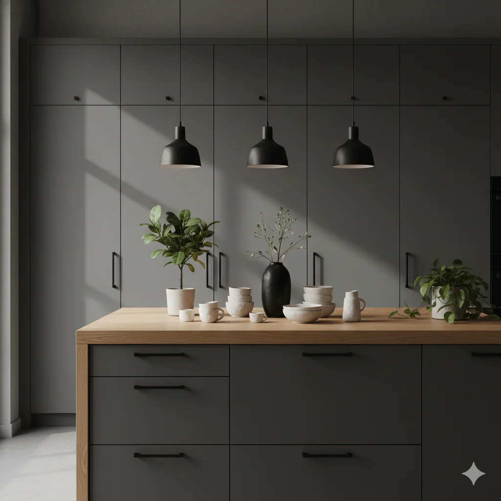 A modern kitchen featuring floor-to-ceiling grey cabinets, a light wood countertop, and several potted plants and ceramic items.