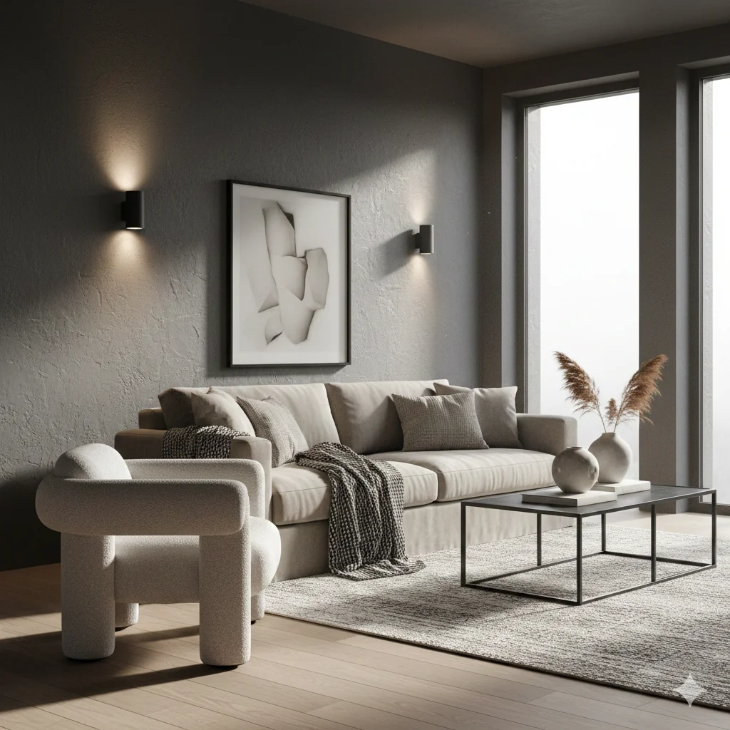 A modern Graphite Walls living room with a beige sofa, a white armchair, and a glass coffee table