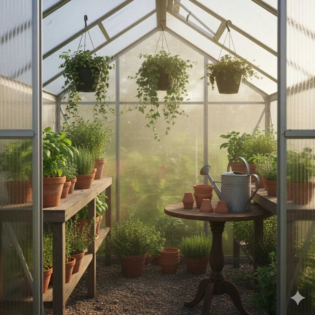 A sunlit greenhouse filled with various potted plants and herbs on wooden shelves and a table.
