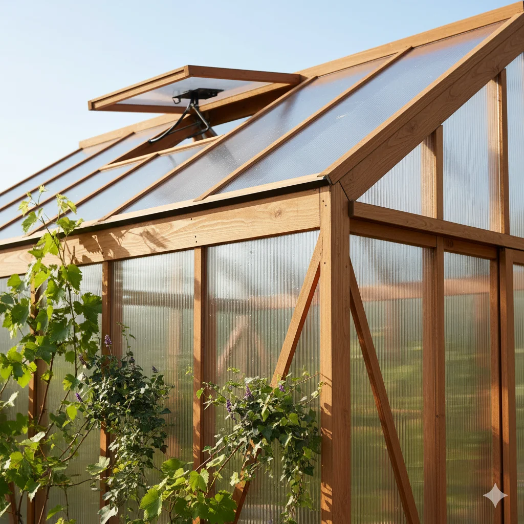 A wooden greenhouse with a propped-open roof vent, with plants growing inside and outside.