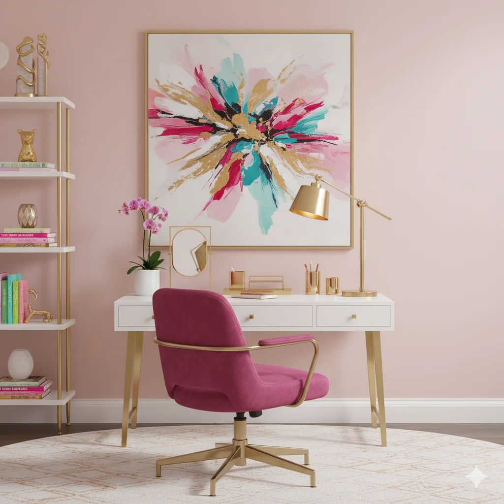 Pink Color Psychology in Eclectic Design
A pink-themed home office with a white desk, gold accents, a pink chair, and a large abstract painting.

