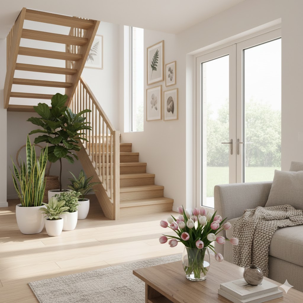 Bright Home entrance, Light-Filled Natural Home Décor with cozy touch and indoor plants