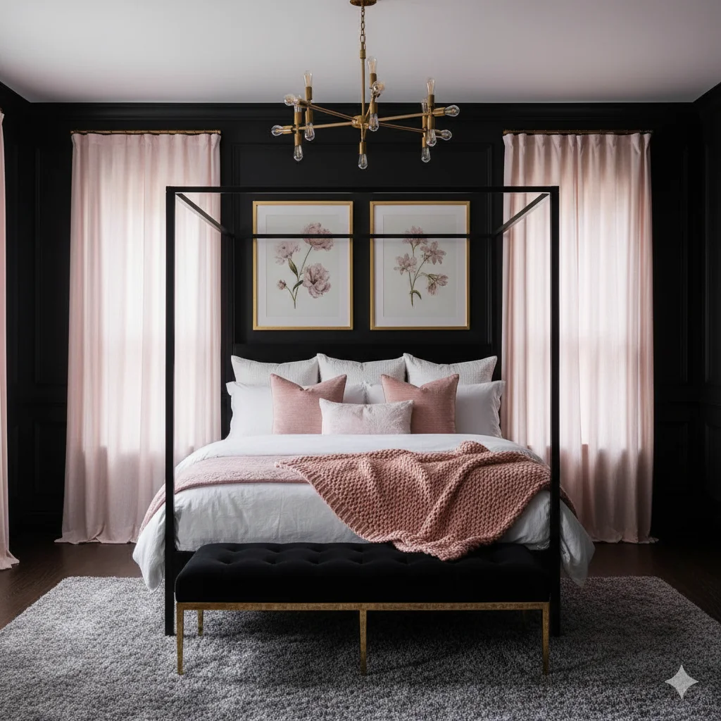 Black, Pink and Gold Accents Moody Feminine Bedroom