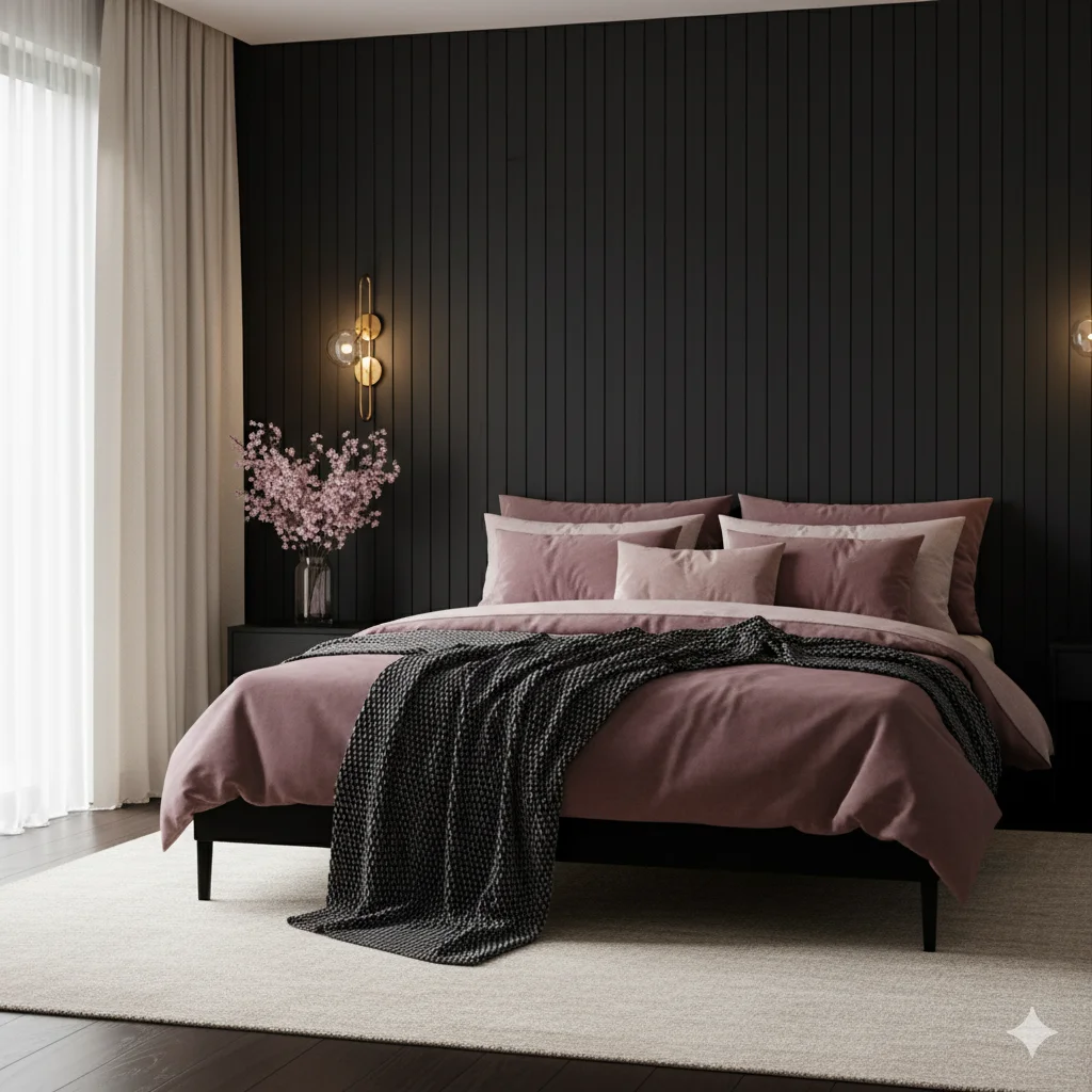 A modern bedroom featuring graphite vertical wall panels, a bed with mauve bedding, a dark gray throw blanket, and a gold-toned wall sconce. 